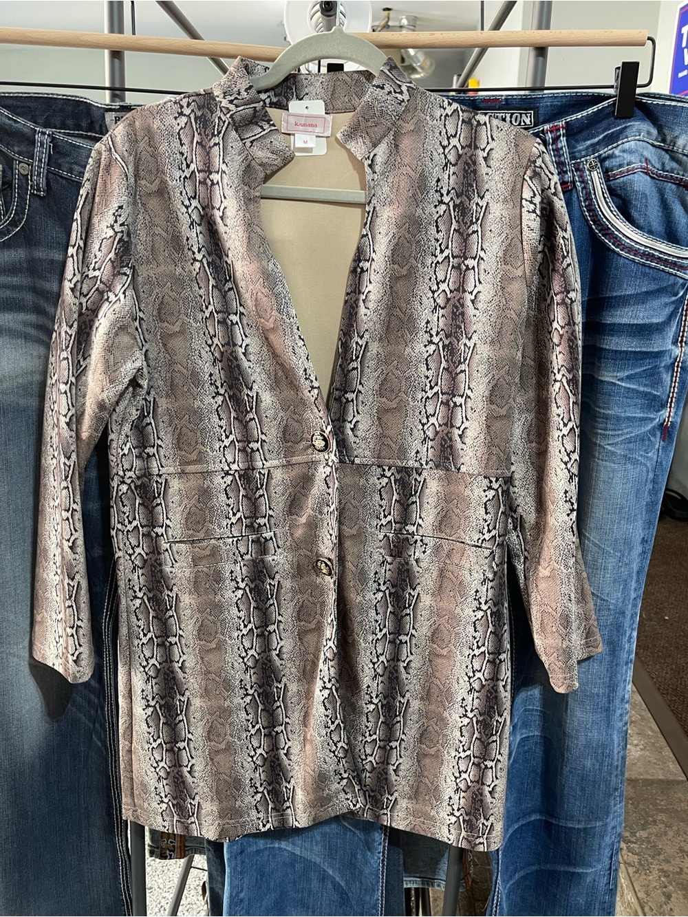 Snake-Print Longline Blazer in Taupe by Kamana